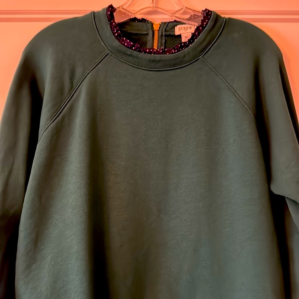 J. Crew Factory Green Sweatshirt with Navy Polka Dot Trim - Picture 5 of 7